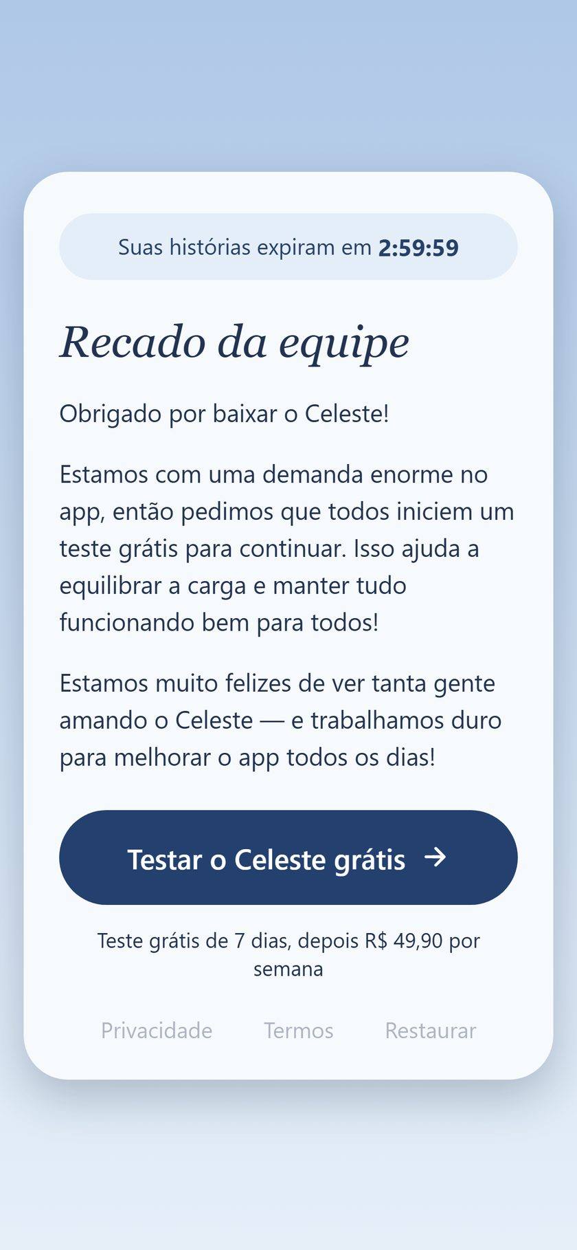 Celeste — plano e teste grátis